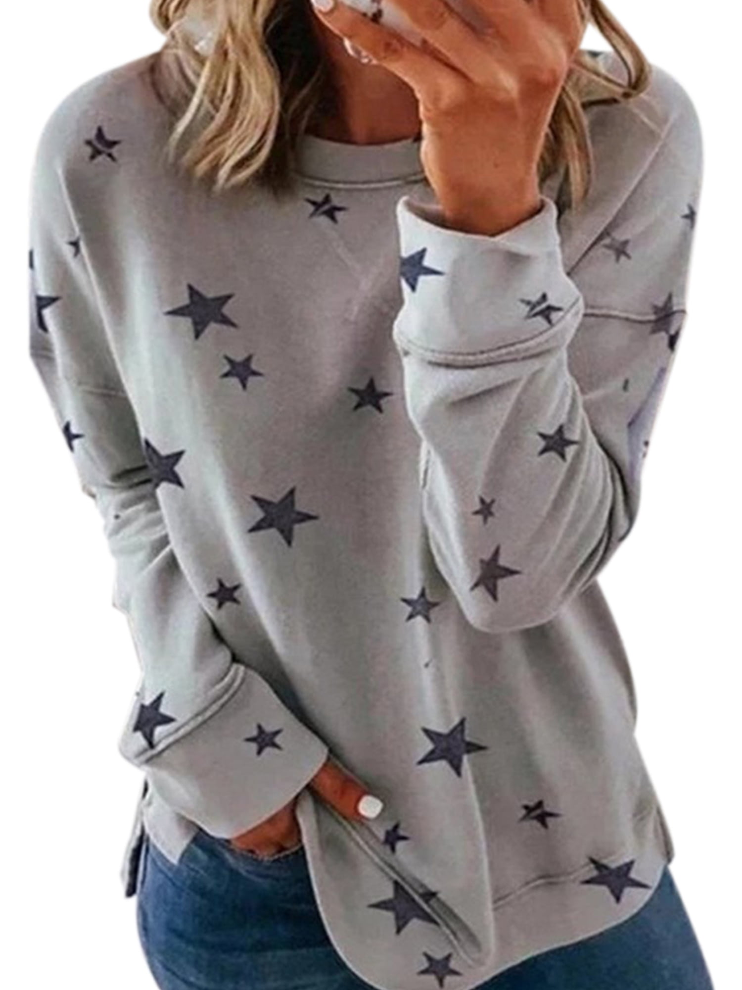 Womens Sweatshirt Pullover Long Sleeve Shirt Star Print Casual Blouse Loose Tops