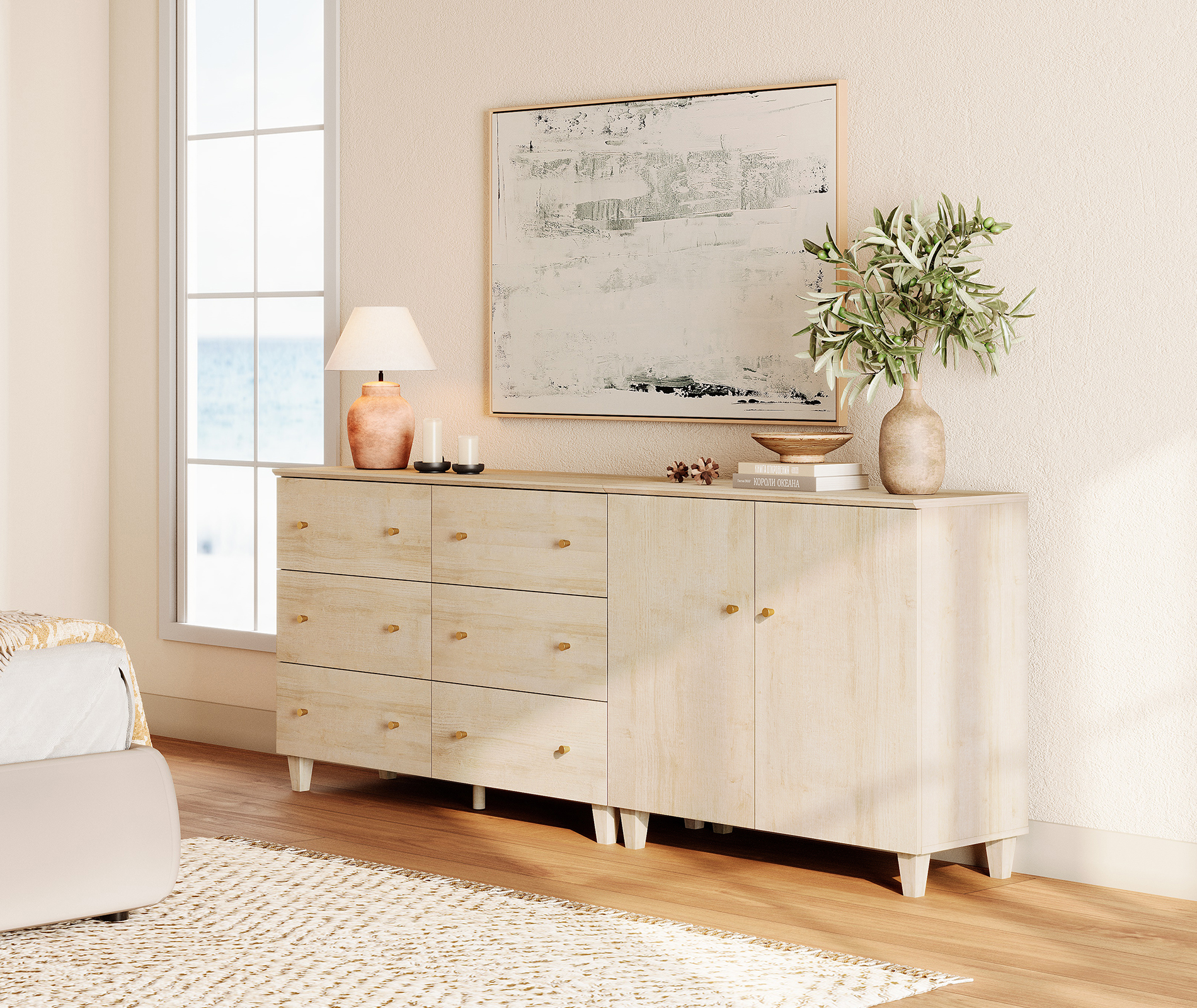 WAMPAT Wood Dresser with 6 Drawers and 1 Cabinet for Bedroom, Modern Chest of Drawer, 83" Wide, Light Oak Wood Finish