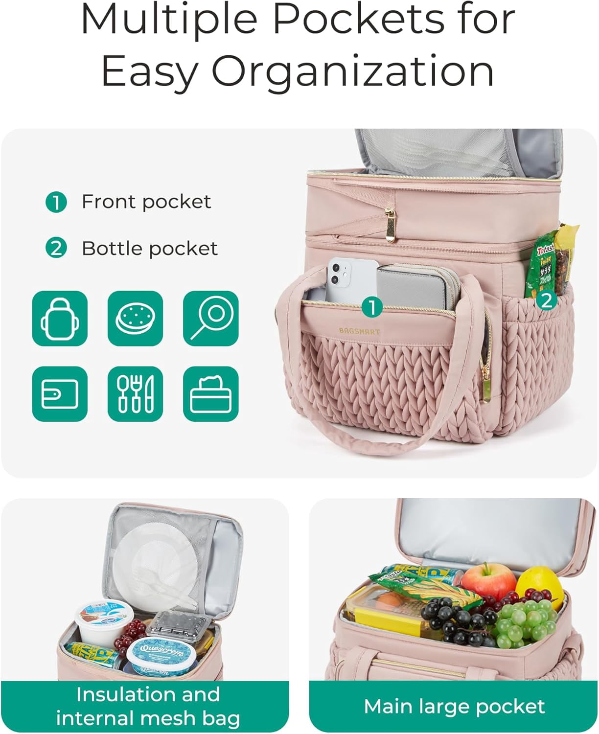 Insulated Lunch Box for Women, Double Deck Leakproof Cooler Bag with Expandable Design for Office Work & Outdoor Picnic