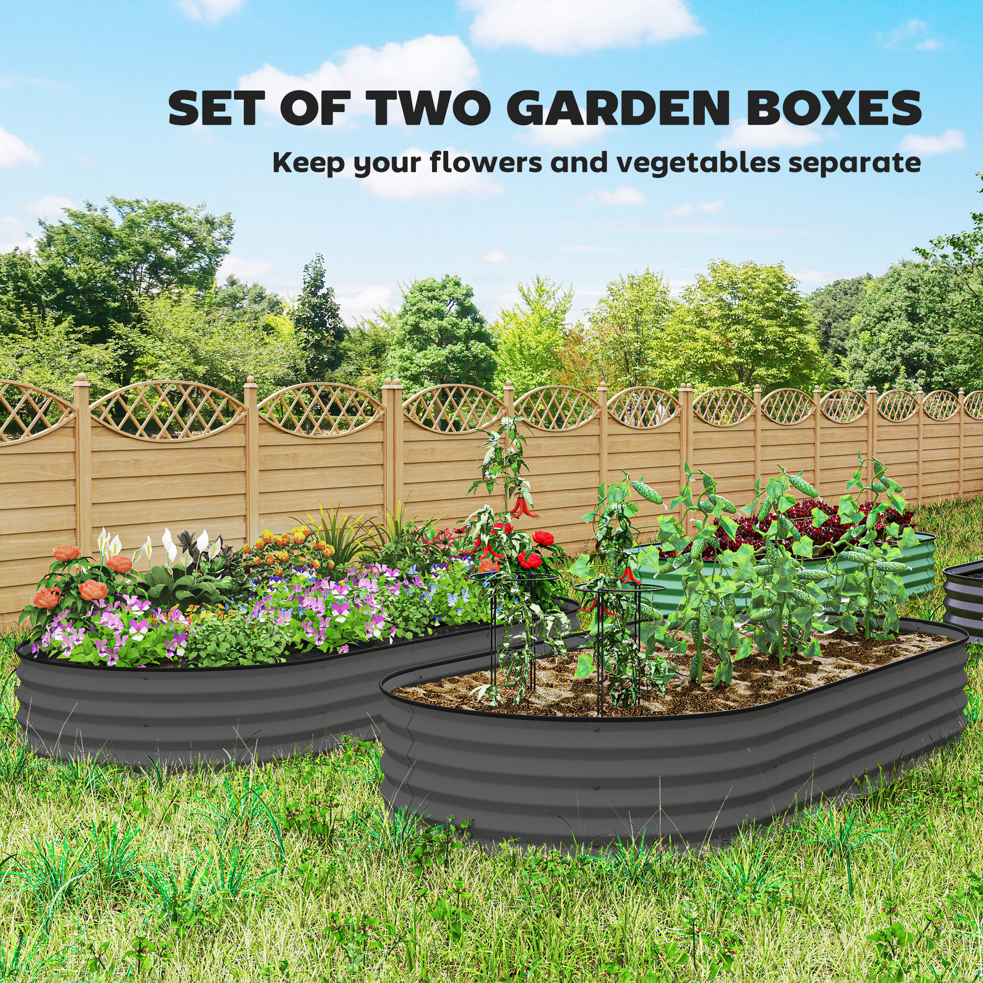 Outsunny 2PCS Galvanized Raised Garden Bed, 7' x 3' x 1' Raised Beds for Gardening with Metal Plant Stakes, Dark Gray