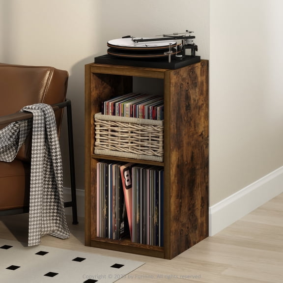 Furinno CUBICLE Vintage Vinyl Record Media Storage Organizer 2-Cube Amber Pine