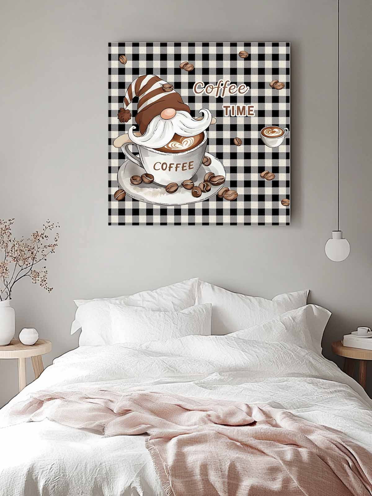 Canvas Print Wall Art Farmhouse Coffee Time Brown Gnome Black Buffalo Plaid Framed Canvas Art Wall Decor Pictures Painting Morden Artwork for Living Room Bedroom, Ready to Hang, 8"x8"