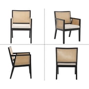Guyou Rattan Dining Chairs Set of 2, Mid Century Modern Linen Upholstered Dining Room Armchairs, Farmhouse Wooden Kitchen Chairs with Cane Back and Black Hardwood Frame for Living Room, Beige