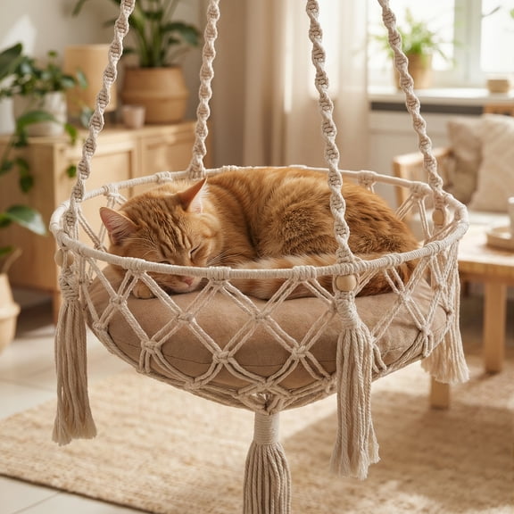 Happy & Polly Bohemia Style Cat Hammock with Removable Cover, Beige, Medium