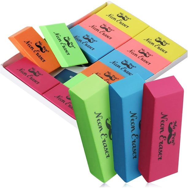 Mr. Pen Erasers, Pencil Eraser, 12 Pack, Neon Colors, Erasers, Eraser