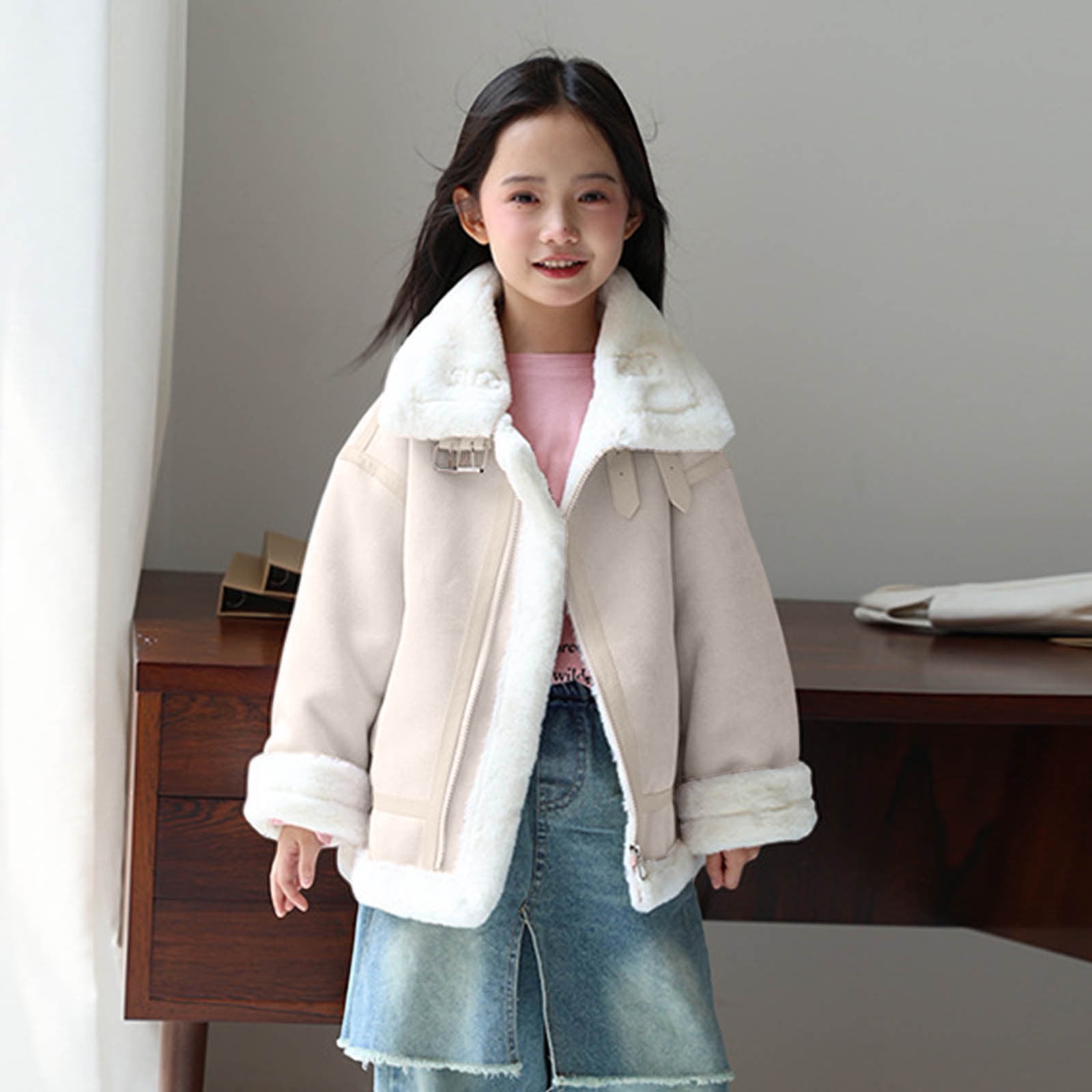 MKOSPLRT Faux Suede Jackets for Girl 2-14Y Lapel Collar Fleece