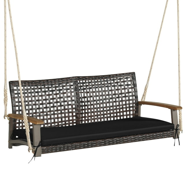 Patiojoy Patio 2-Person Loveseat Rattan Porch Swing Chair with Seat Cushion and Acacia Wood Armrests, Black