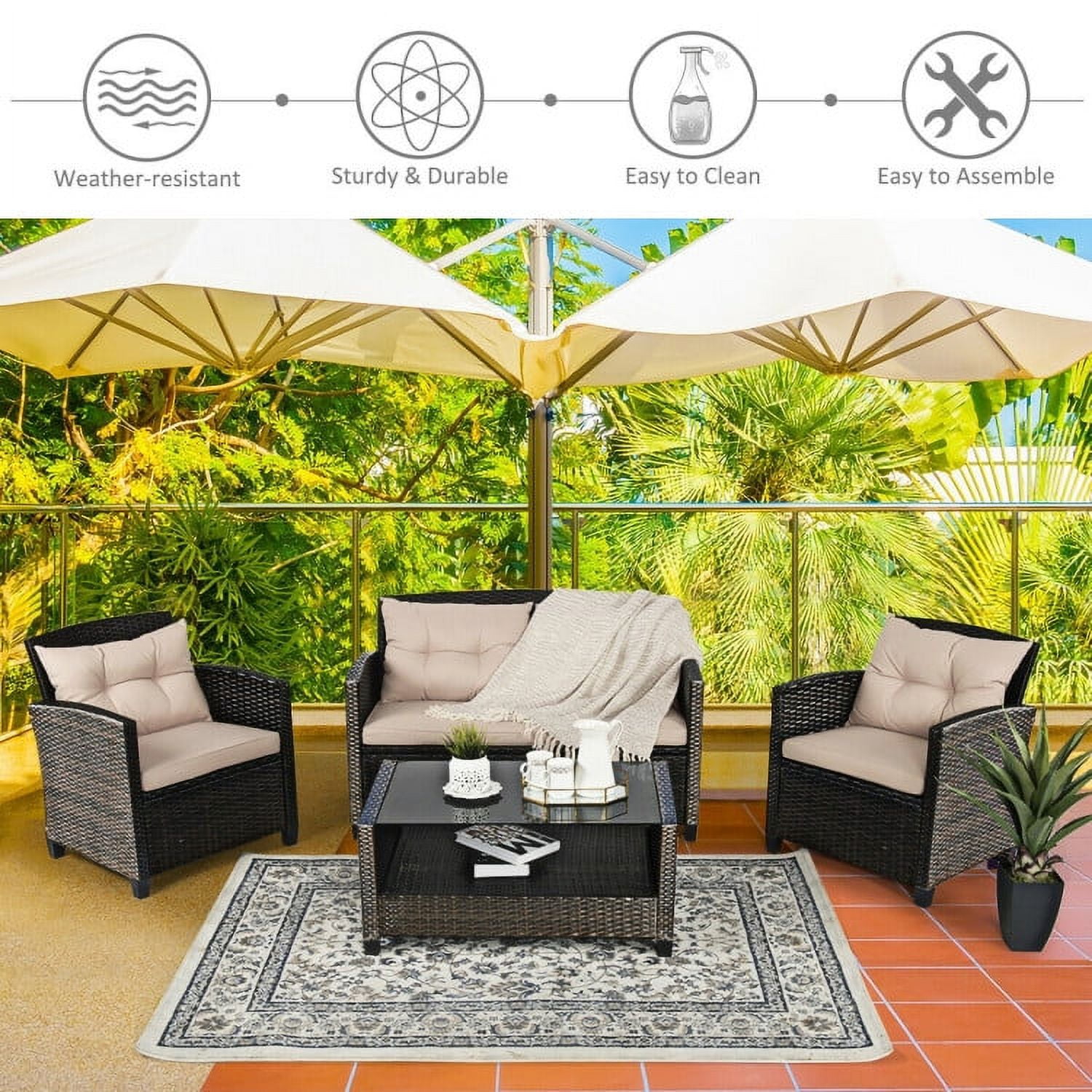 Aimee Lii 4 Pieces Outdoor Rattan Wicker Loveseat Furniture Set with Glass Table, Small Patio Set, Khaki Aimee Lii 4 Pieces Outdoor Rattan Wicker Loveseat Furniture Set with Glass Table, Small Patio Set, Khaki
