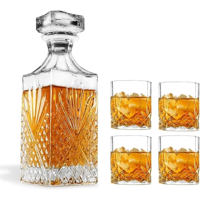 Vasos de Vidrio para Whisky Whiskey Town Decantador de Cristal 860 ml 4 Vasos de Cristal 300 ml