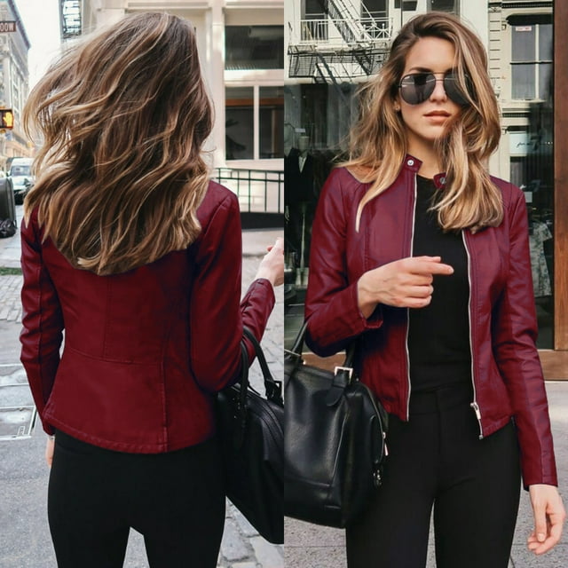 EGNMCR Womens Leather Jacket Stand Collar Slim Zipper Solid Color Coats Casual Trendy Motorcycle Jackets