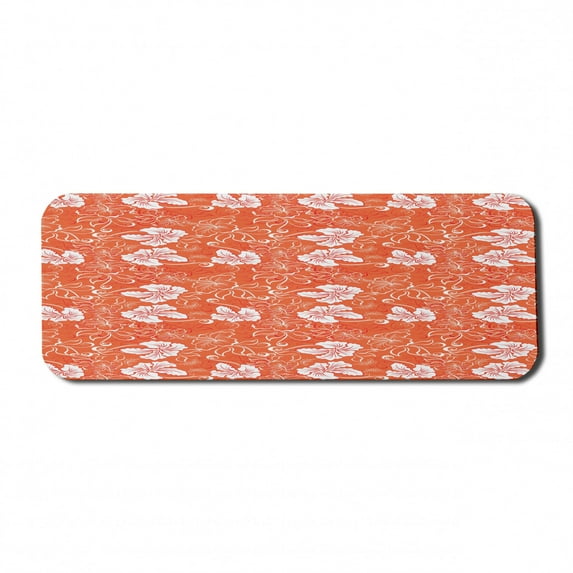 Orange Computer Mouse Pad, Hawaiian Pattern with Tropical Climate Hibiscus Flowers Abstract Summer Flourish, Rectangle Non-Slip Rubber Mousepad Large, 31" x 12", Orange White, by Ambesonne