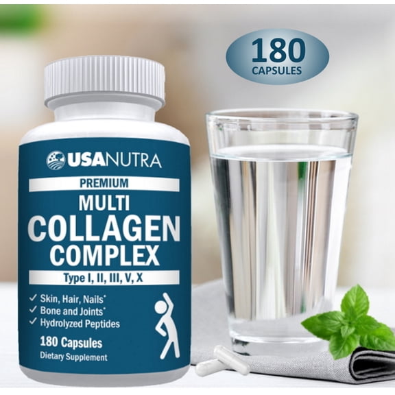 USANUTRA Multi Collagen Capsules Type I, II, III, V, X for Hair, Skin, Nails Hydrolyzed Peptides, 180 count