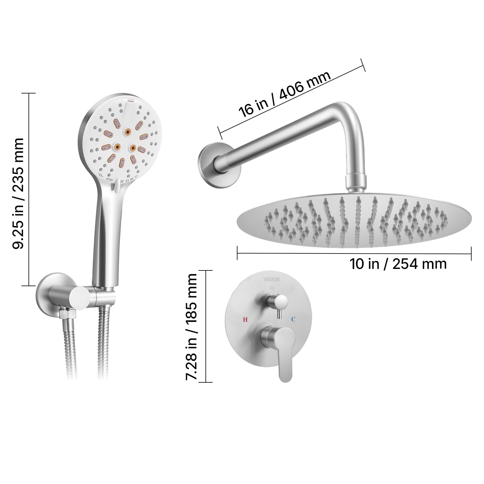 VEVOR Shower Faucet Set, Rainfall Bathroom Shower System with 10-Inch Round Rain Shower Head and Handheld Spray, Wall Mounted Bath Fixtures with Brass Valve and Trim Kit, Brushed Nickel