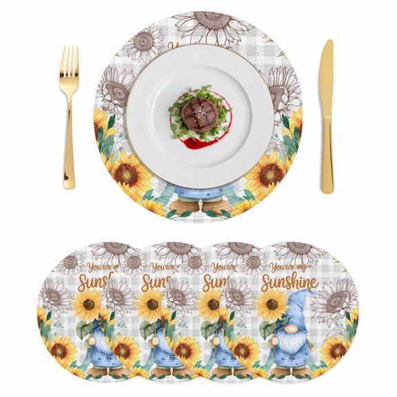 Sunflower Gnomes Round 13 Inch Placemats Set of 4, Summer Botanical Floral Grey Plaid HeatResistant Non Slip Place Mats for Dining Table, Wipeable Braided Kitchen Table Mats for Housewarming