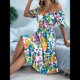 thumbnail image 4 of Vestidos Casuales de Verano para Mujer, 2025, con Mangas Abullonadas, Escote Cuadrado, Corte A, Holgados, Bohemios, Florales, Fruncidos, Midi Verde M, 4 of 10