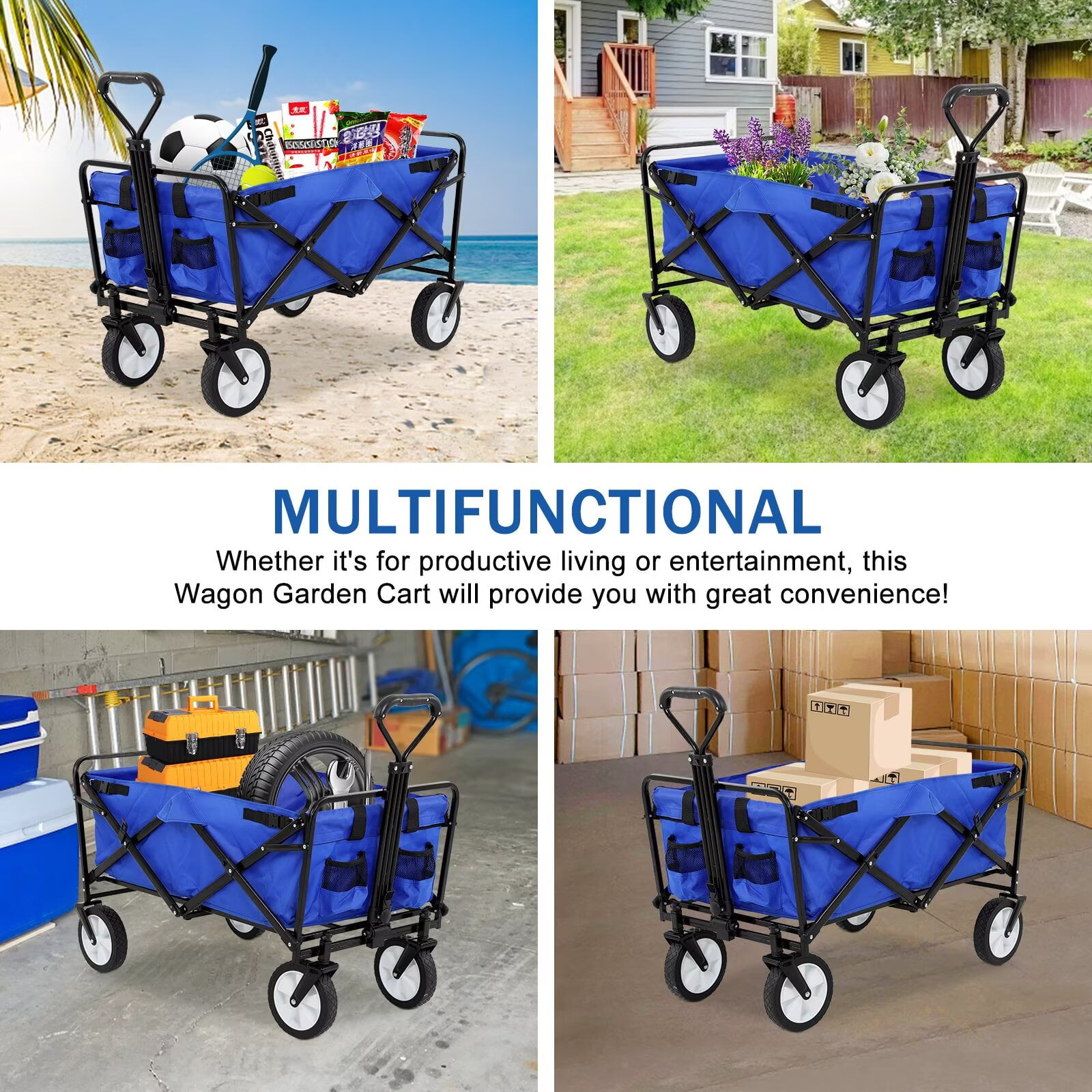 YRLLENSDAN,Beach Wagon with Big Wheels for Sand,Beach Carts for Sand,Grocery Cart on Wheels,Wagon Stroller,Foldable,Suitable for Outdoor Use,Blue