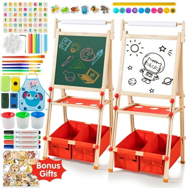 Deli All-in-One Art Easel Kids Easels for Kids, Height Adjustable Wooden Art Easel with Paper Roll  for Toddlers 2-4 Years and Magnetic Double Sided Art Easel for Kids Ages 4-8