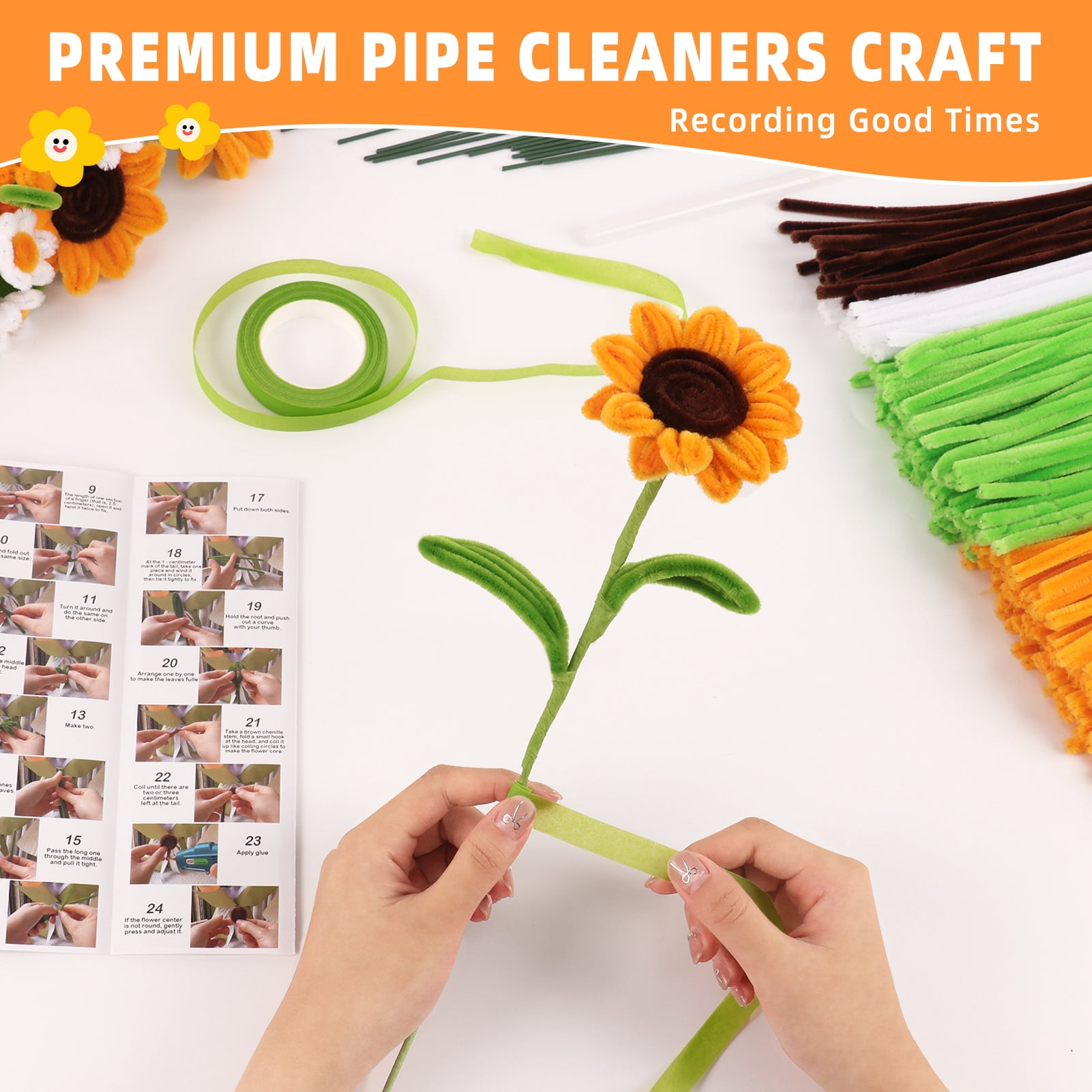 CandWuom Yellow Green Pipe Cleaners Flower Kit for Graduation Gifts, Chenille Stems for Pipe Cleaner Sunflowers Bouquets Making