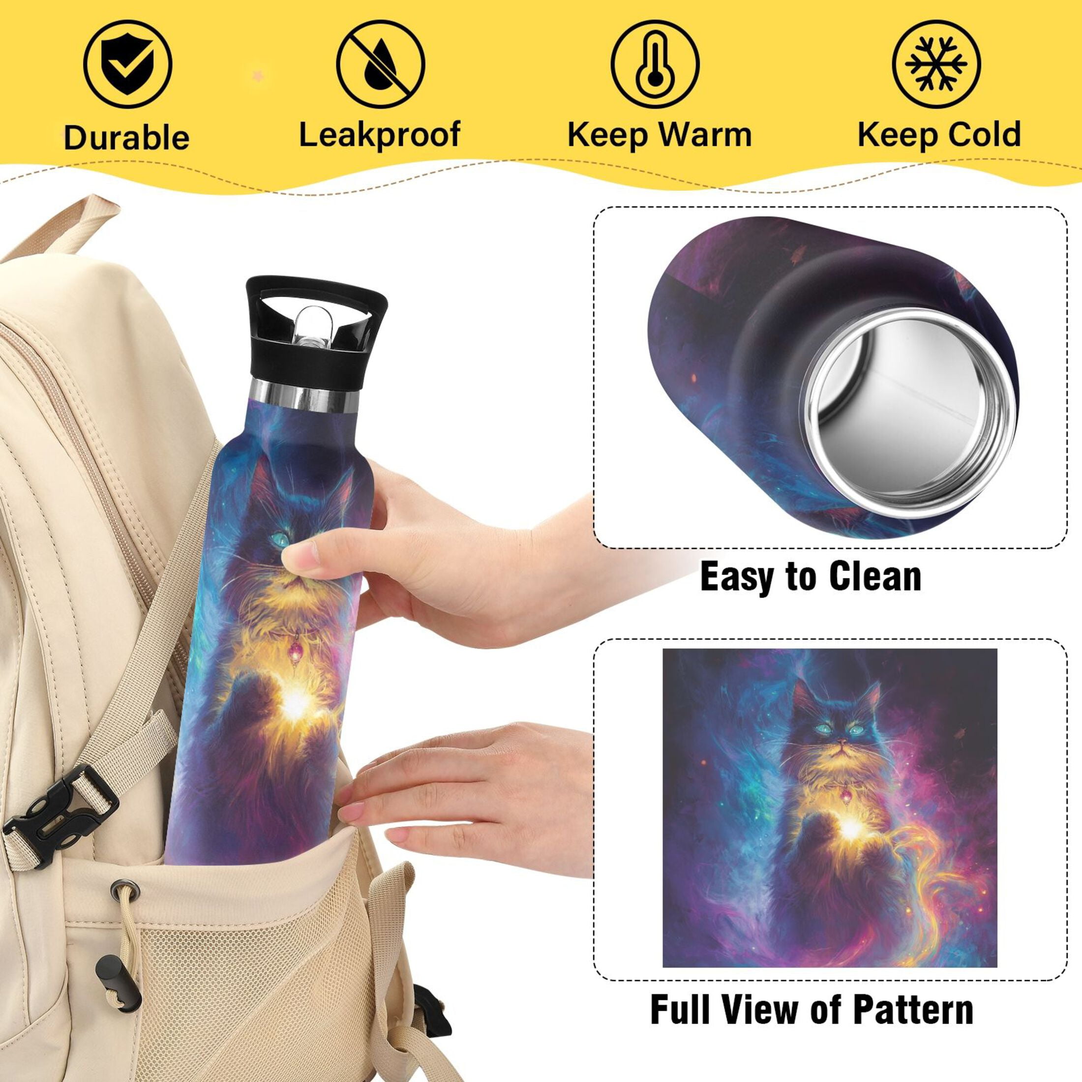 600ML Stainless Steel Insulated Cup Sports Water Bottle Portable Thermos Cup Water Glasses Insulated Tumblers Convenient and Durable Wizard Cat