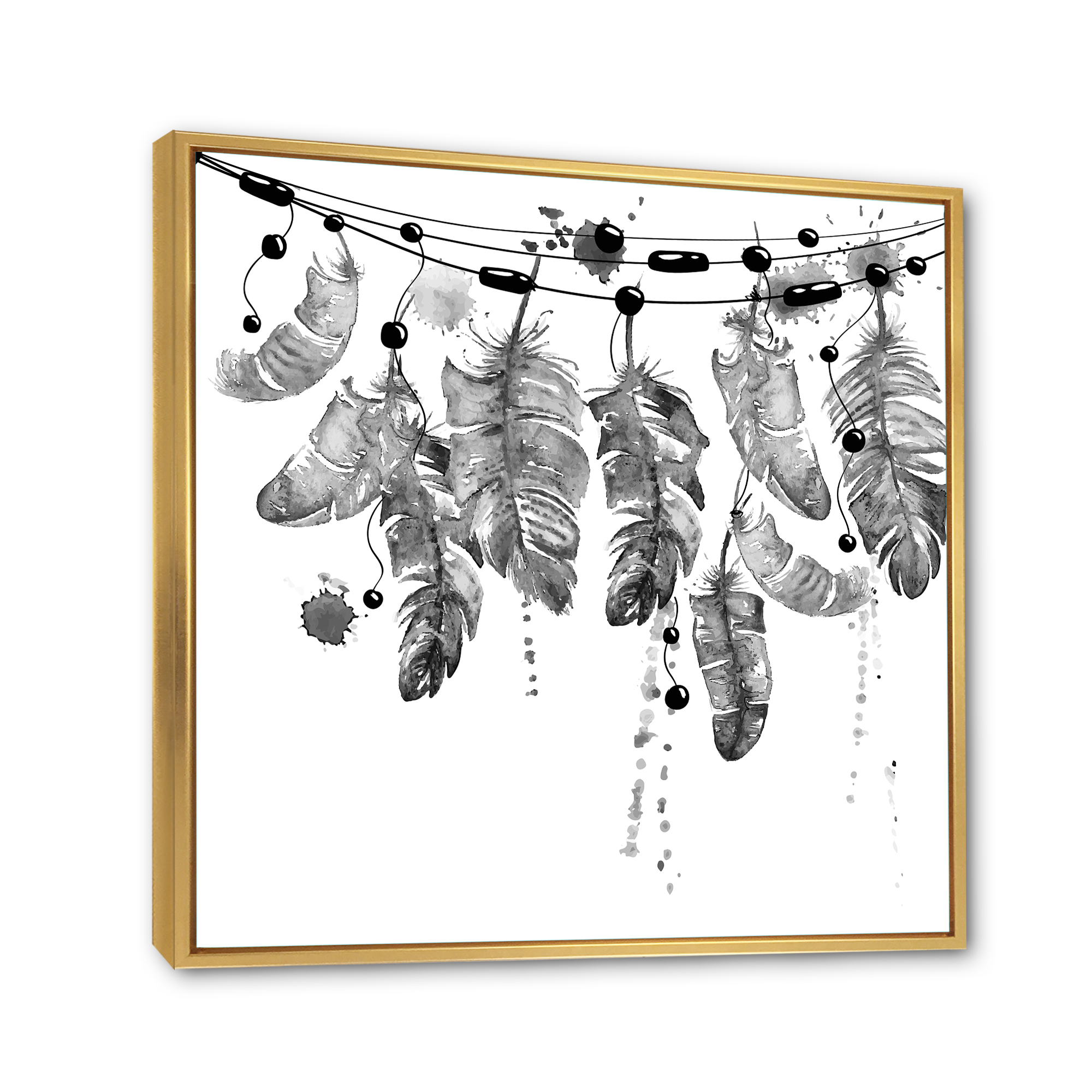 Designart 'Hanging Monochrome Bird Feathers' Bohemian & Eclectic Framed Canvas Wall Art Print