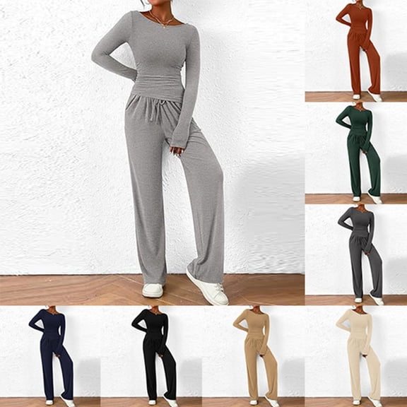 Two Piece Asymmetrical Long Sleeve Top with Wide Leg Pants Casual Outfit Set