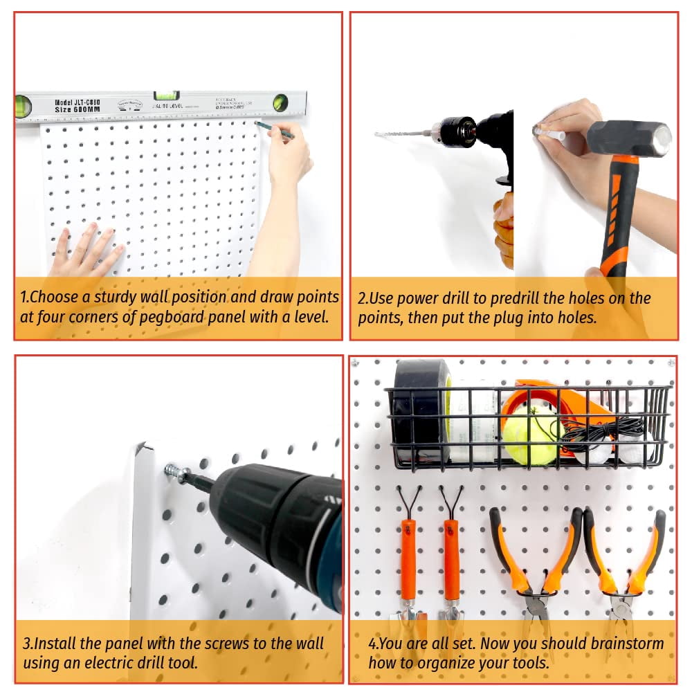 HUHOLE White Pegboard Organizer 4PC, 32-inch X 32-inch Metal Peg Board, Powder-Coated