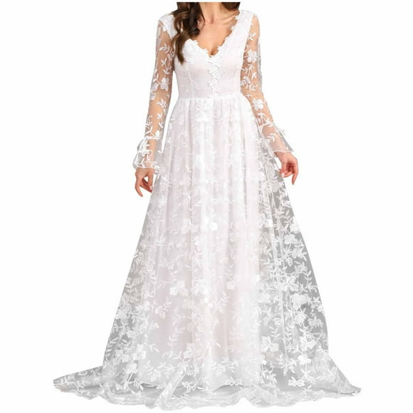 Long Sleeve Dress Long Sleeves Wedding Dresses for Bride Womens White Elegant Mesh Wedding Dress Lace Bridal Gowns Lace Maxi Dress Tshirt Dress S-56 White XXL