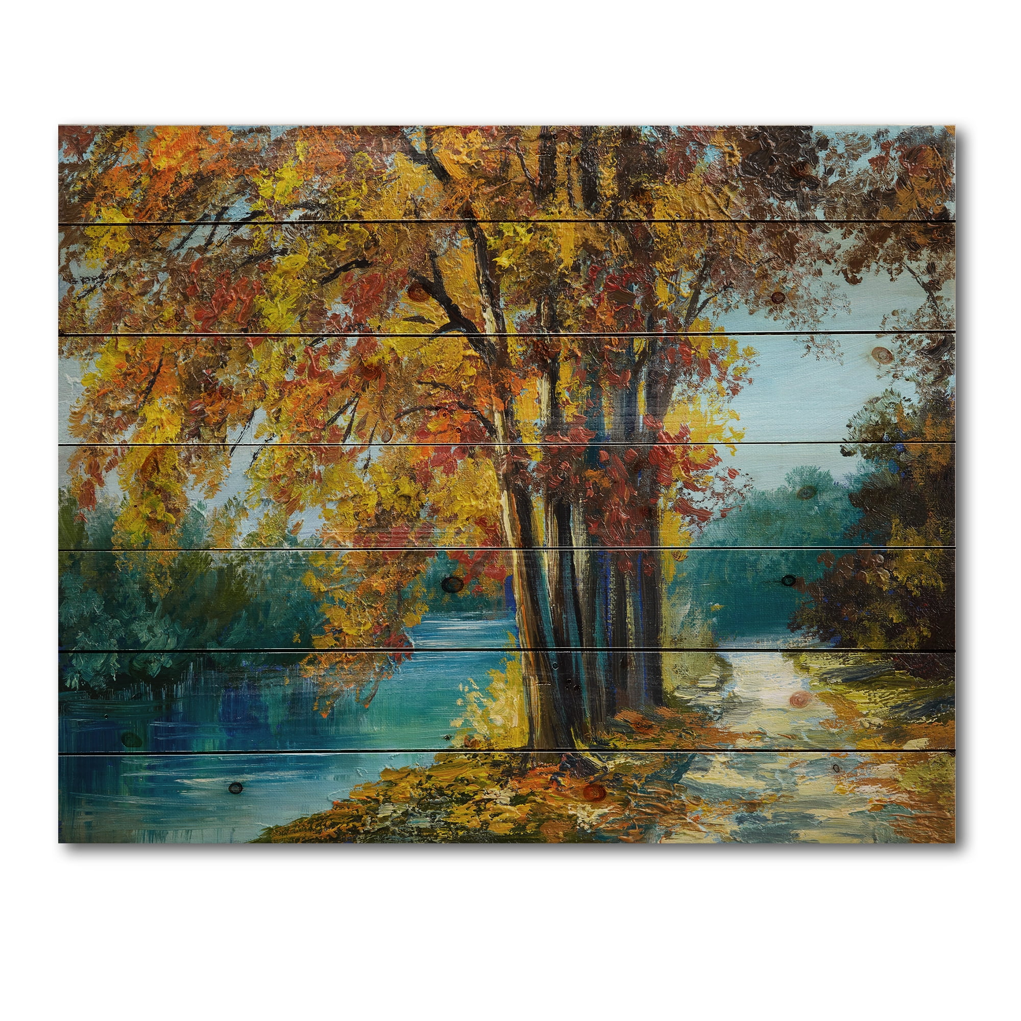 Designart 'Abstract Trees In Warm Autumn Colors By Bright Blue River' Traditional Print on Natural Pine Wood