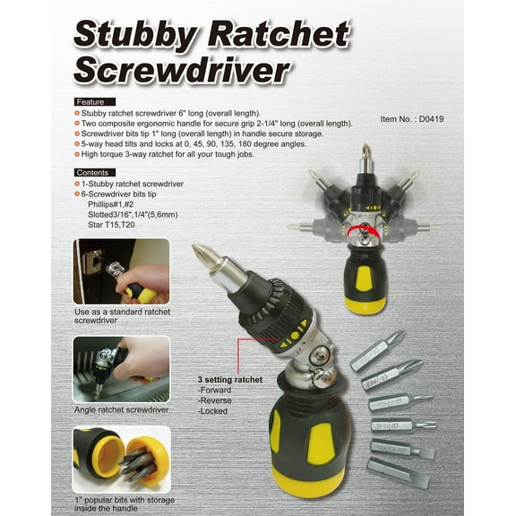 Five Way Stubby Ratchet Screwdriver 6 inch Overall Length