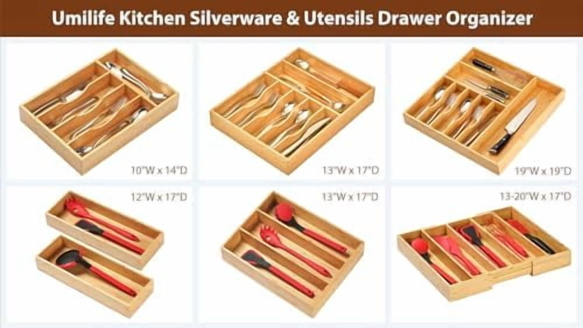 Bamboo Kitchen Drawer Organizer, 8 Inch Silverware Utensils Tray Holder for Small Drawer, Wood Caddy for Flatware Cutlery Knives