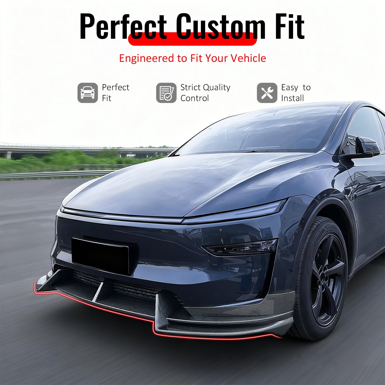 Ikon Motorsports 3PCS Front Lower Bumper Lip Air Dam Chin Spoiler Splitter For 2026 Tesla Model Y Juniper Premium IKON Style Carbon Fiber Print ABS