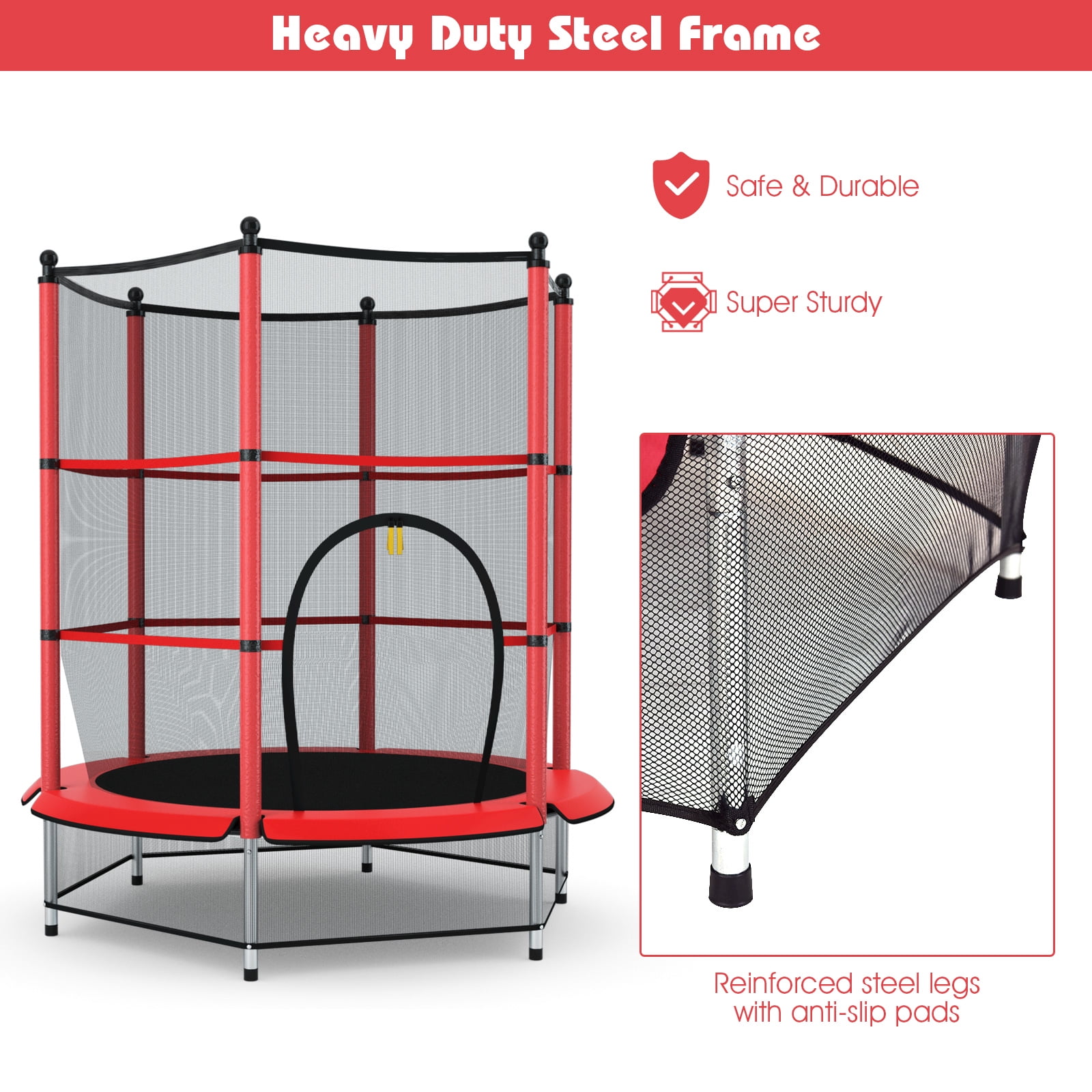 Topbuy Kids Round Jumping Trampoline Combo Bed Trampoline W/ Safety Enclosure Net Red