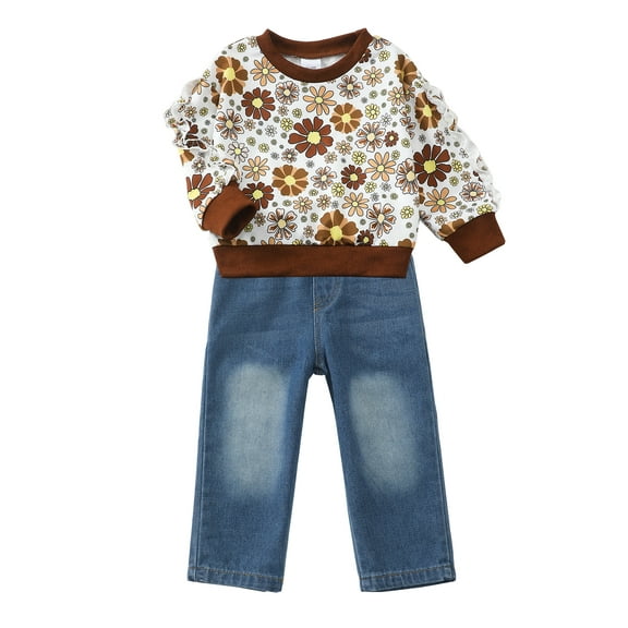 3T Baby Girls Clothes 4T Girls 2PCS Outfits Set Flower Print Toddler Girls Long Sleeve Crew Neck Top Denim Pants Set Brown