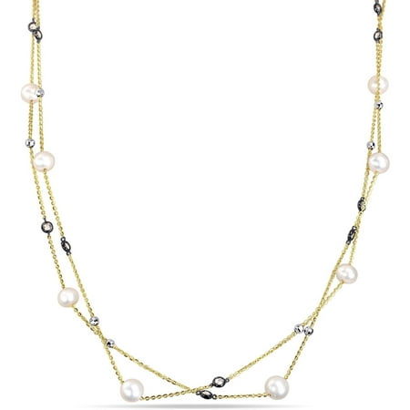 Miabella 7-7.5mm White Freshwater Cultured Pearl and 2-1/6 Carat T.G.W. CZ Yellow Rhodium over Sterling Silver Station Necklace, 42