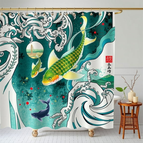 Vibrant Teal & White Fish Shower Curtain with Stars & Ship Design