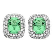 Platinum-Plated Sterling Silver Facet-Cut Green Obsidian Pave CZ Earrings