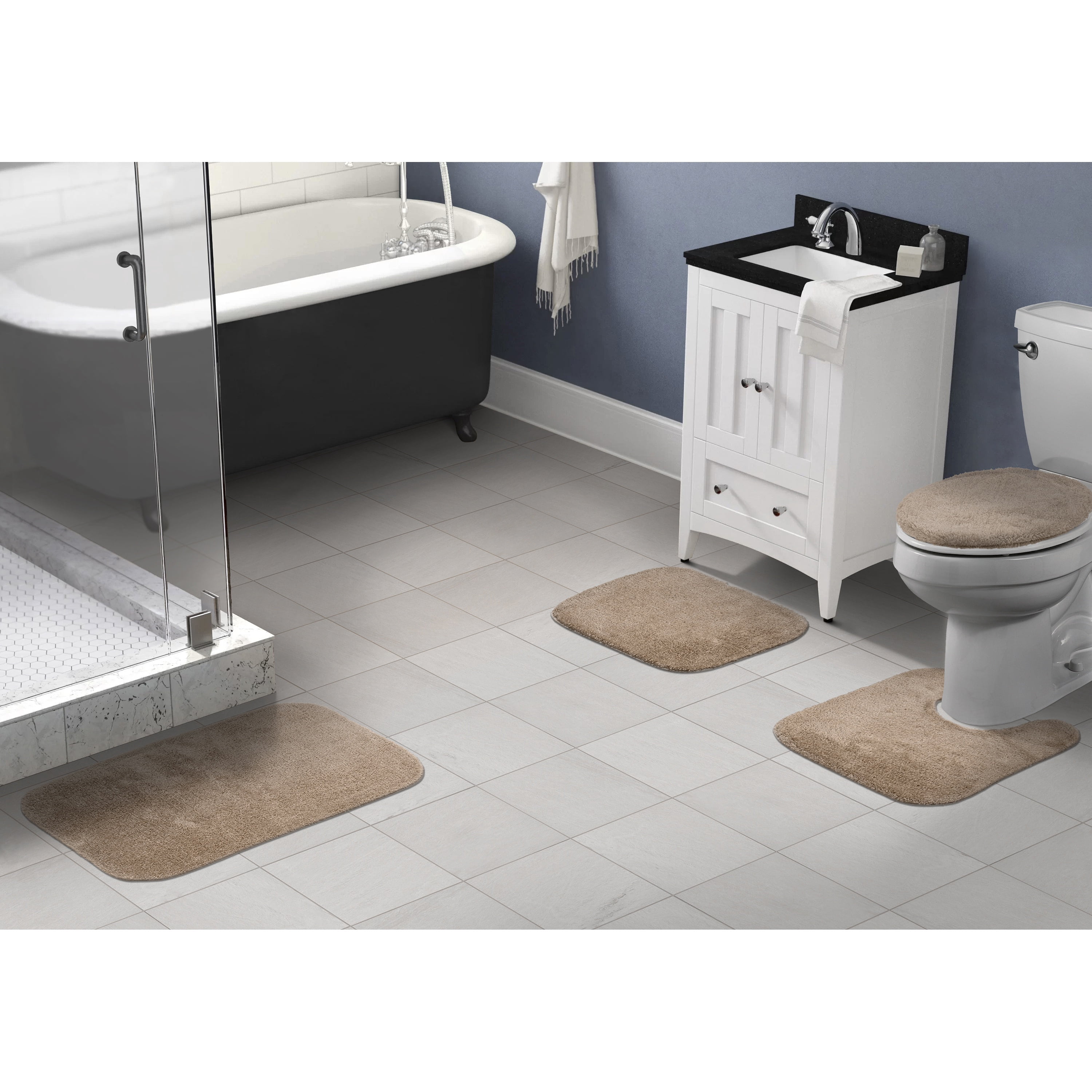 Garland Rug Traditional Washable Bath Rug Set, 4 Piece Set (2 Bath Rugs, Contour, & Lid) Taupe