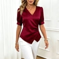 thumbnail image 3 of Pounoo Women's Tops Satin V-Neck Wrap Front Short Sleeve Blouses Elegant Office Vibe Lightweight Stretchy Slim Fit Outfits Gift, 3 of 7