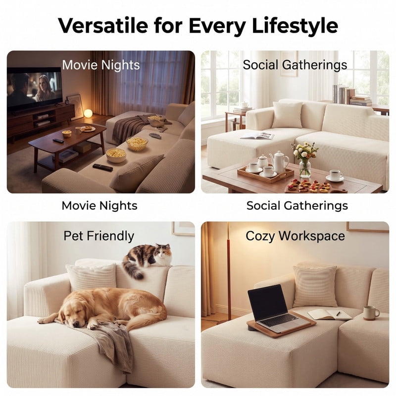 Gewnee 96" Modular Sleeper Sofa Bed, Boneless Sectional Couch with Deep Seat, Boneless Couches for Living Room, Beige（Corduroy）