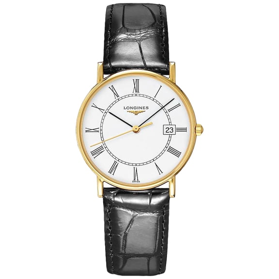 Longines Presence 18kt Yellow Gold White Dial Black Leather Strap Date Quartz Mens Watch L4.743.6.11.0