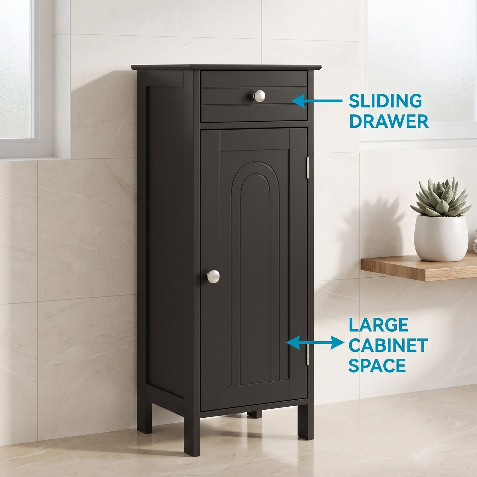 Fenbeli Free-Standing Wooden Storage Cabinet, Narrow Bathroom Floor Organizer with Drawer and 2 Adjustable Shelves, Slim Side Cabinet for Living Room Bedroom, Black
