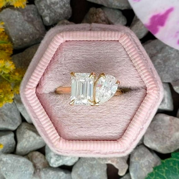 solitaire jewels 3TCWPea and Emerald Cut Moissanite Toi Et Moi Engagement Ring For Women, 14K Yellow Gold