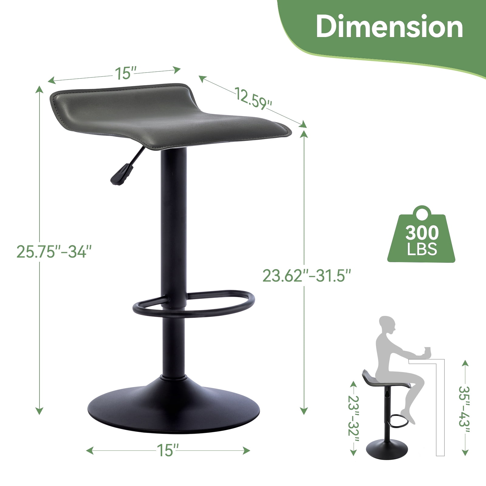 Backless Bar Stools Set of 2, 360° Swivel Adjustable Height PU Leather Bar Chairs, Modern Simple Counter Stools for Kitchen Island, Dining, Bar or Café Use (Gray)