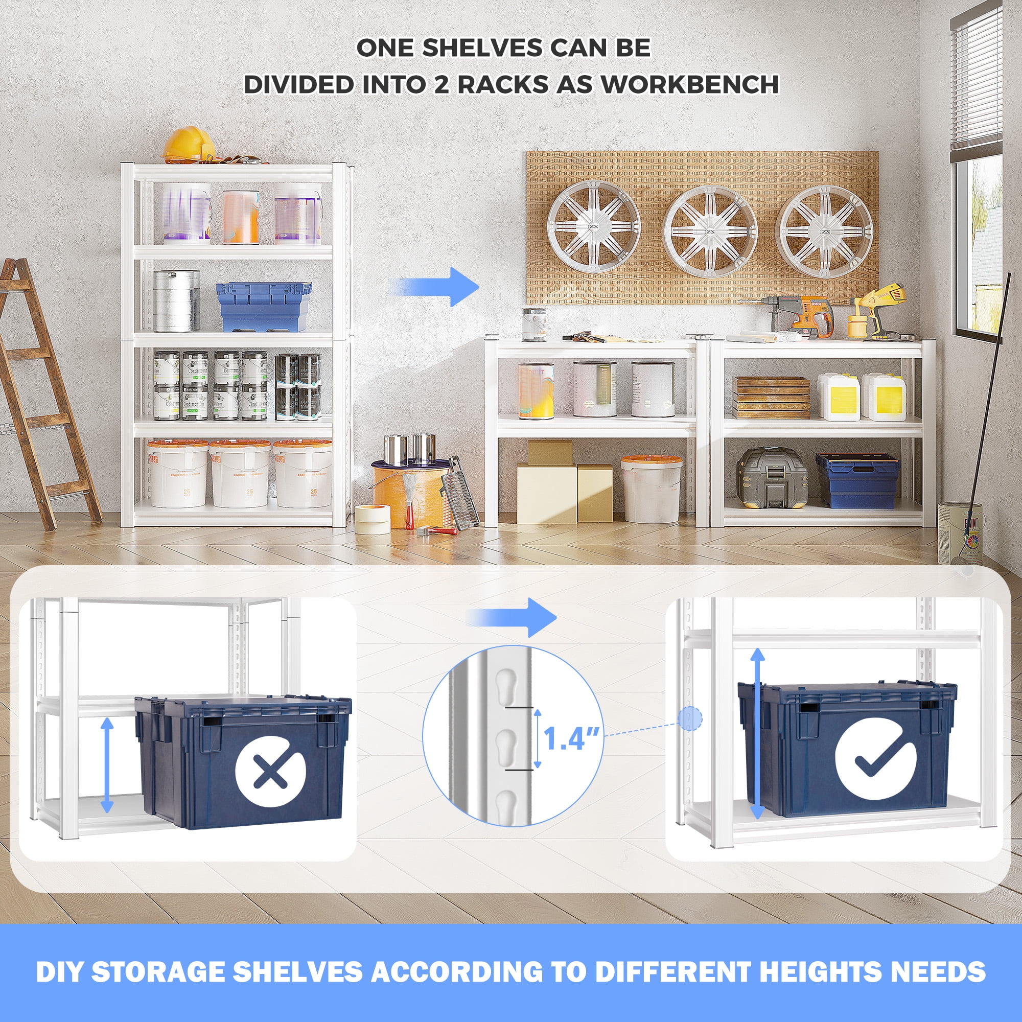 REIBII Garage Shelves Unit Heavy Duty 2000LBS Storage Shelves Pantry Shelves for Closet Storage Kitchen Shelves with 5 Tier Metal Shelving,White