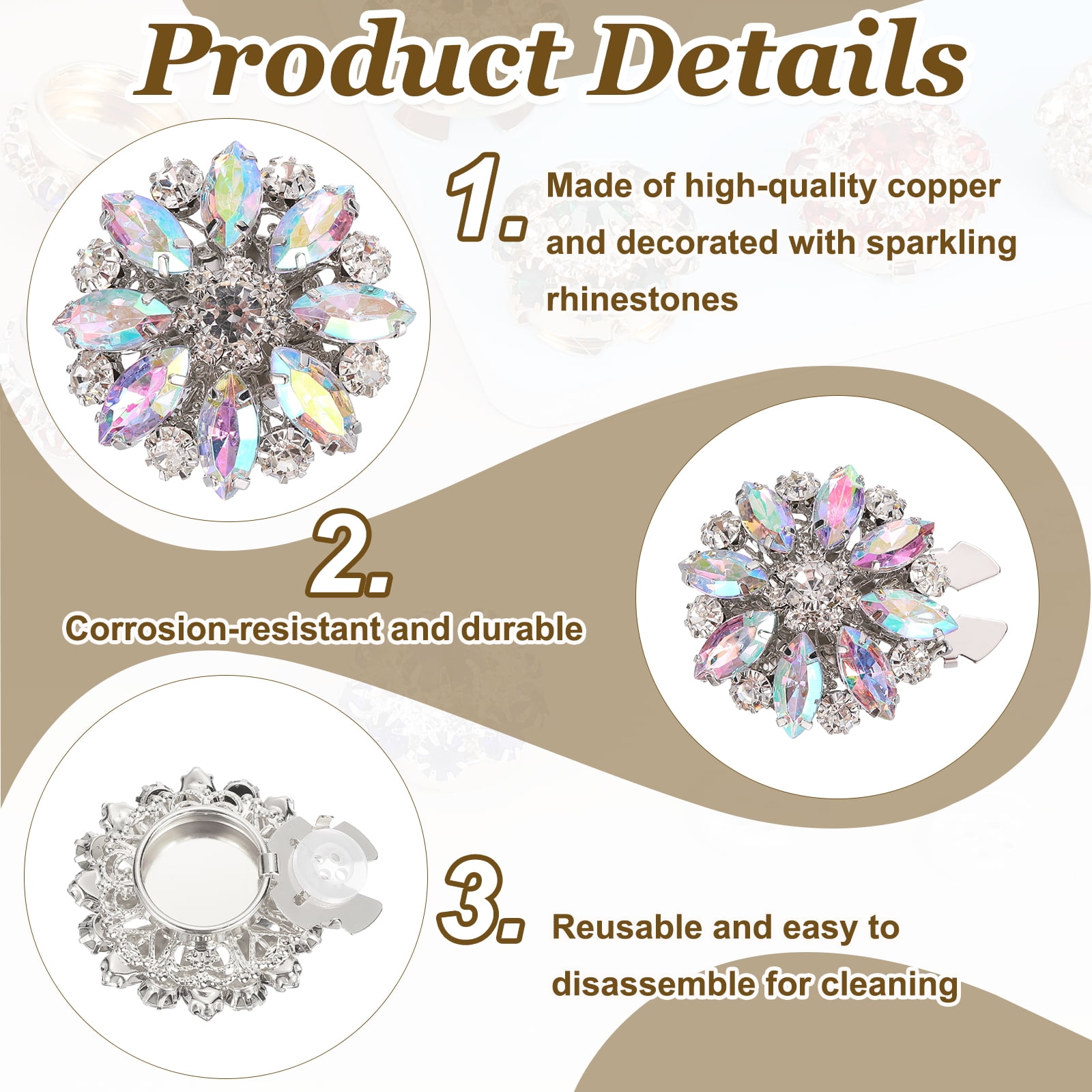 6 Pcs Rhinestone Button Covers Decorative Clips with 10 Pcs White Sewing Buttons Detachable Marquise Sewing Replacement for Women Men DIY Crafts Accessories (AB Iridescent/Silver)