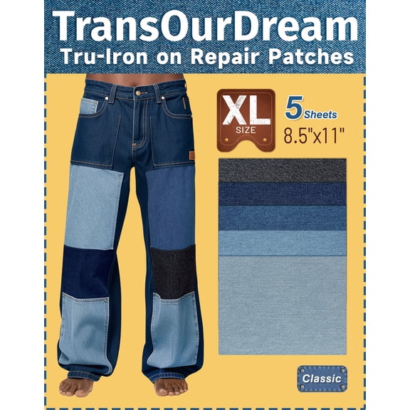 TransOurDream Tru-Iron on Repair Patches(8.5x11”, XL), Extra Large Denim Repair Patch for Jeans & Clothes, Repair and Decorating Kit for Clothing, Sofa, Dog Bed, Iron on Patch for Jeans(5Pcs 5Colors)