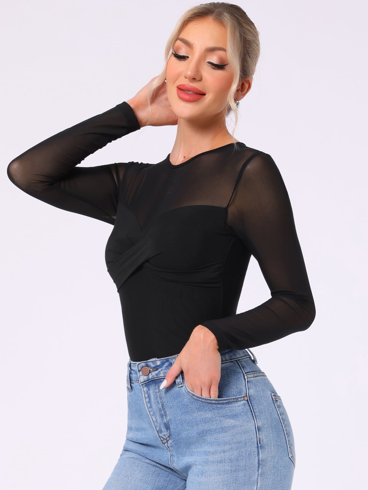 DARING DIVA Women's Mesh Long Sleeve See Through Sheer Top L Black