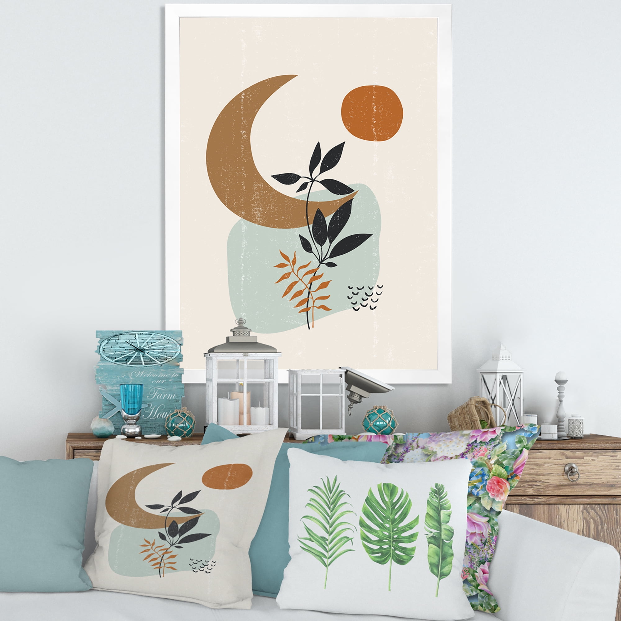 Designart 'Abstract Moon and Sun With Minimal Plants' Modern Framed Art Print