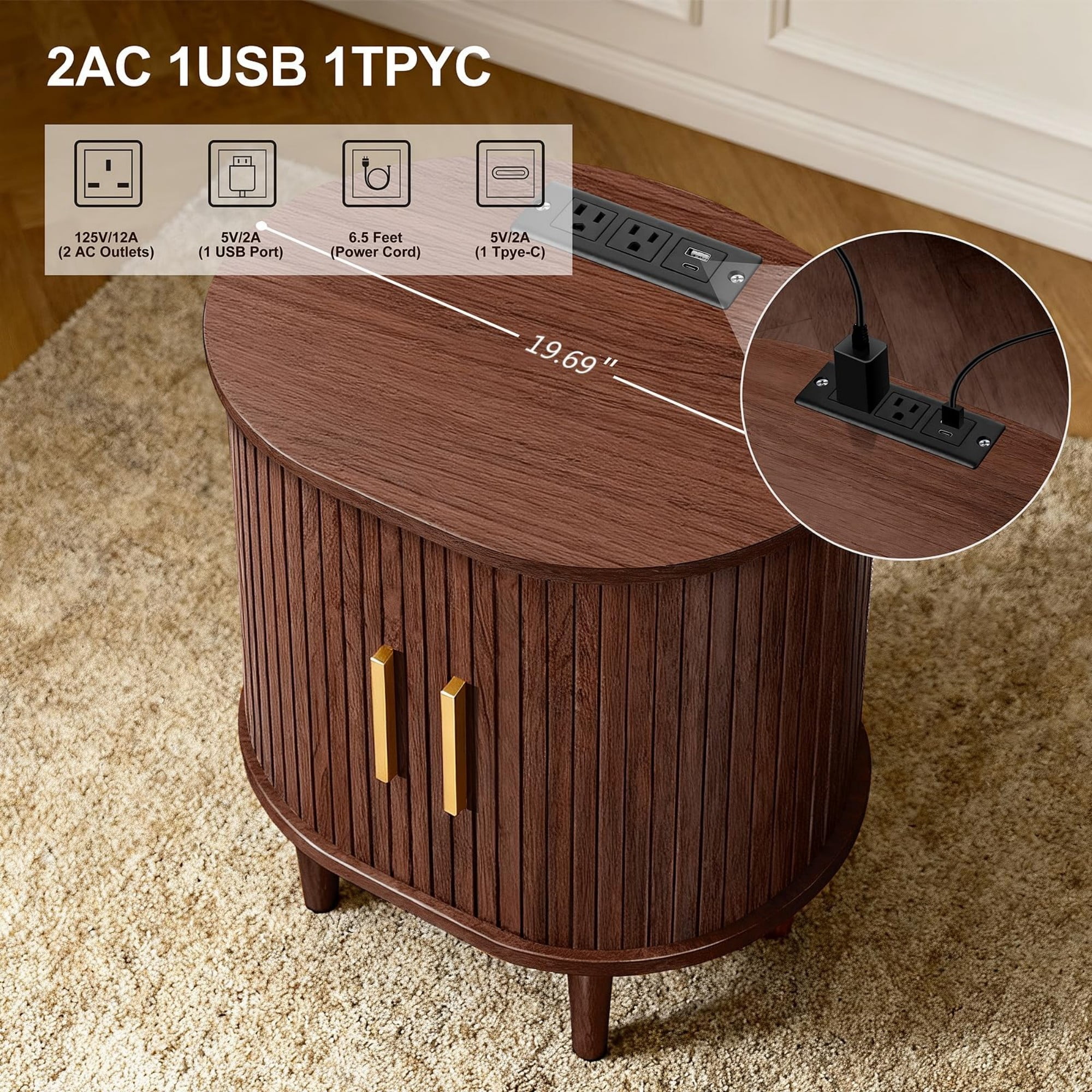 Mid Century Modern Nightstand Set of 2 with Charging Station, Fluted Side Table with Sliding Door & Adjustable Shelf, Coffee