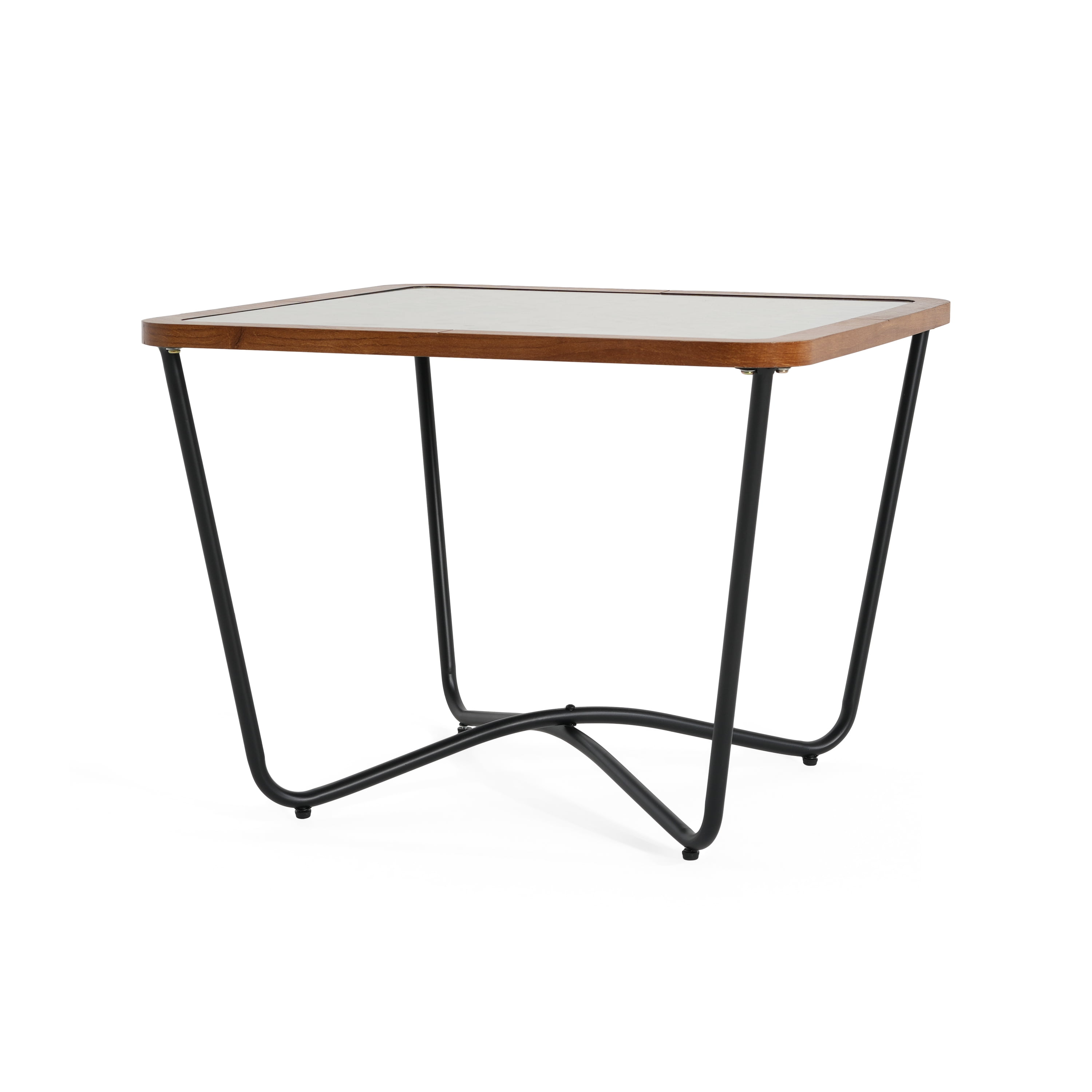 Coffee Table, Modern Square Coffee Table With Geometric Tempered Glass Top Black Metal Frame And Wood Accents, Industrial Design For Living Room, Brown Black
